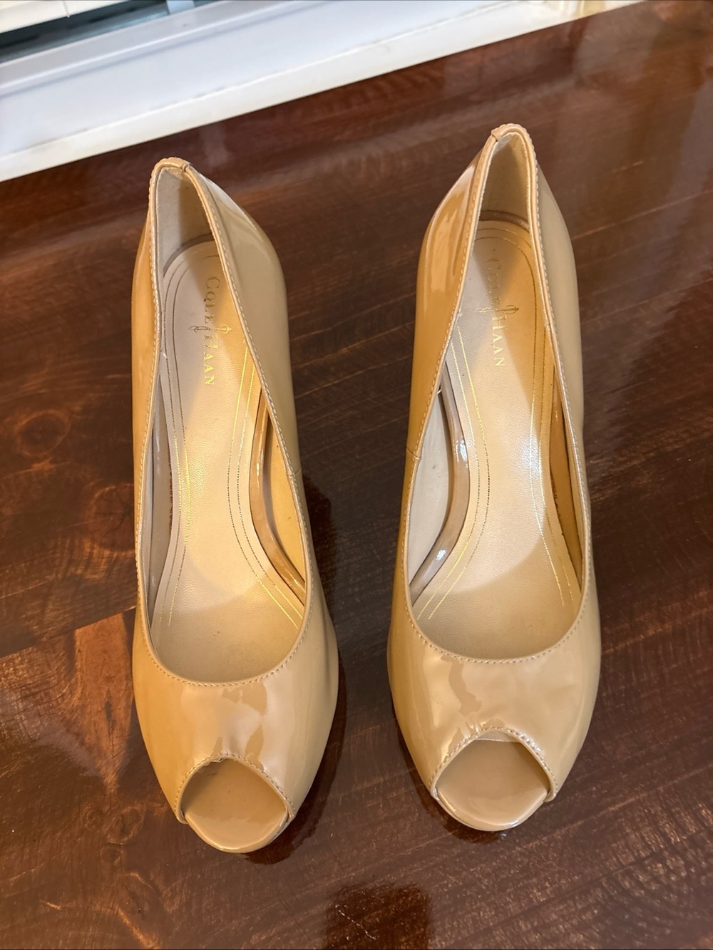 Cole Haan Nude Patent Peep-Toe Heels